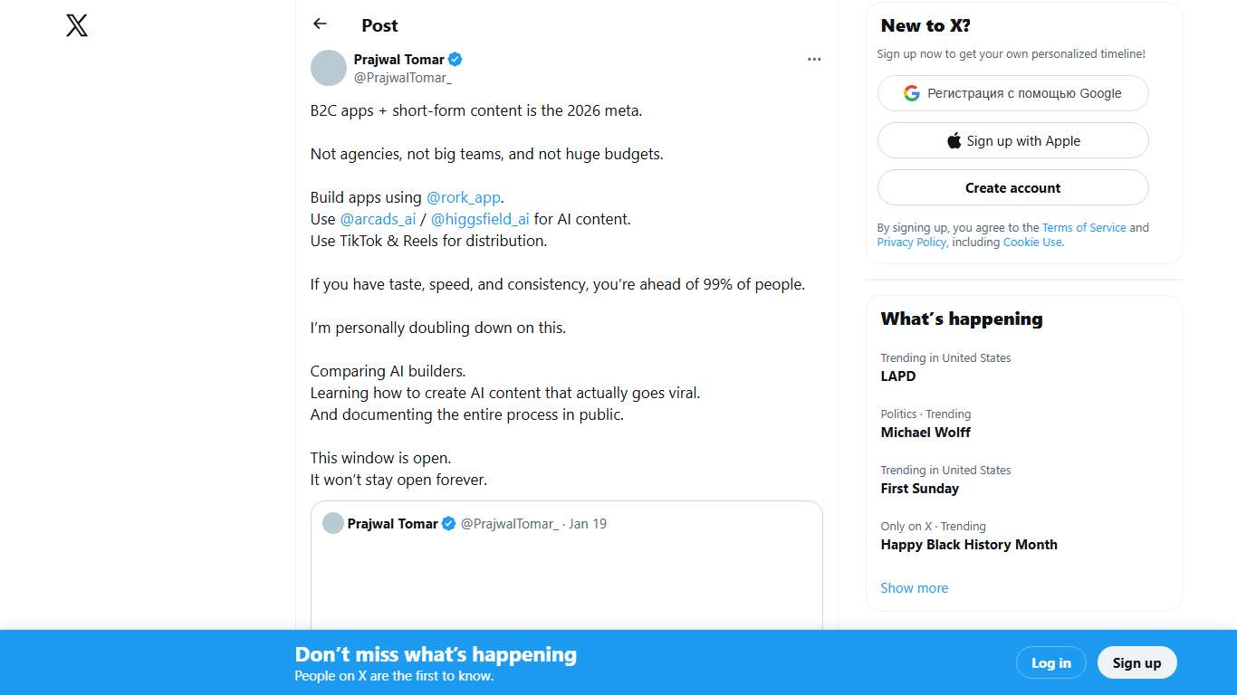 Prajwal Tomar on X: "B2C apps + short-form content is the 2026 meta. Not agencies, not big teams, and not huge budgets. Build apps using @rork_app. Use @arcads_ai / @higgsfield_ai for AI content. Use TikTok &amp; Reels for distribution. If you have taste, speed, and consistency, you’re ahead of 99% of" / X